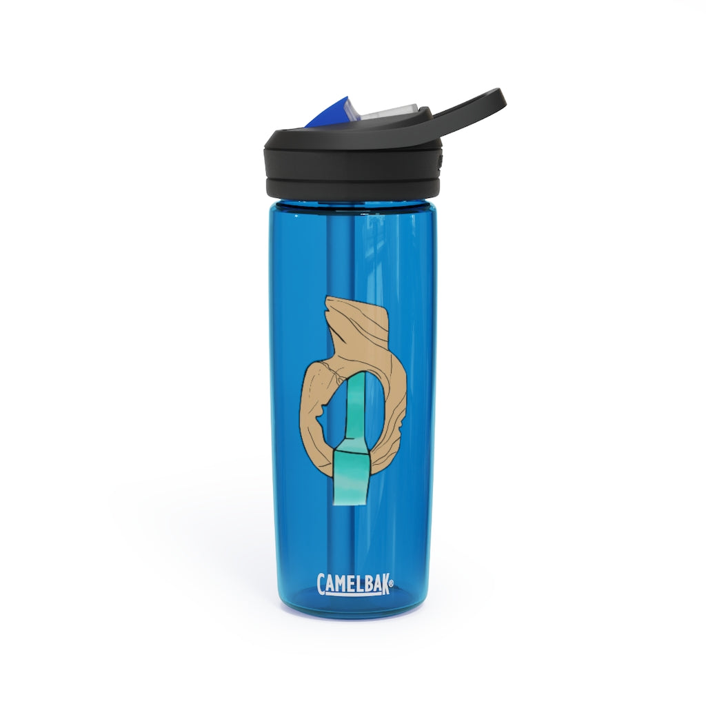 CamelBak Eddy® Water Bottle in Rock with Water design, available in 20oz and 25oz sizes, featuring a spill-proof biting valve and easy-carry handle.